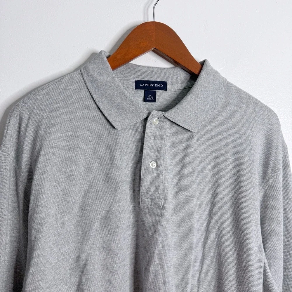Lands End Men's Long Sleeves Polo XL Gray Textured Stretch Casual Preppy